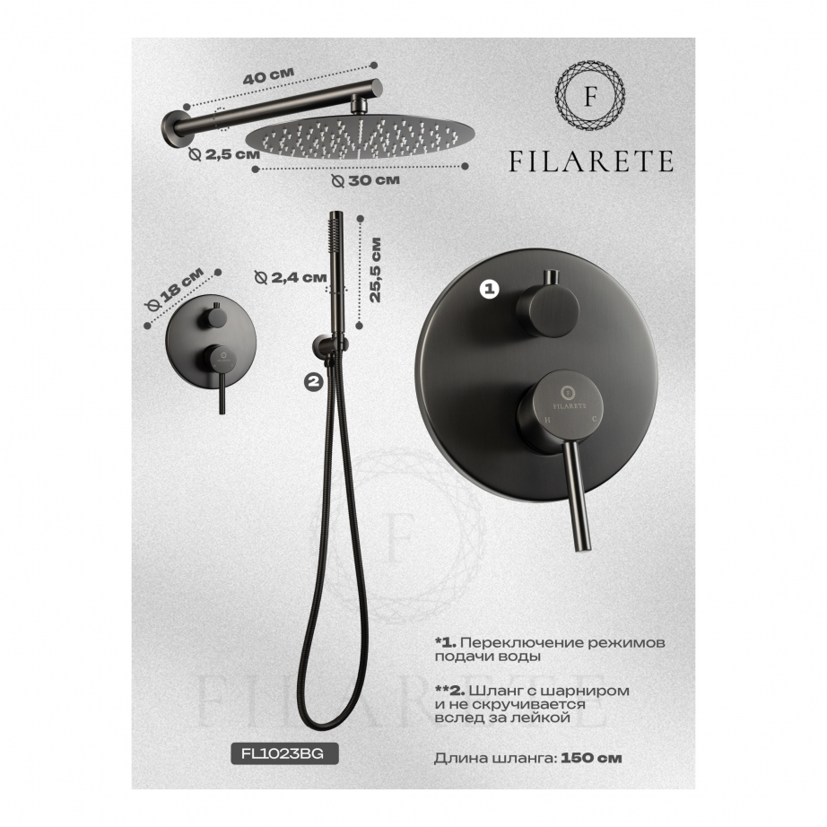 Душевая система скрытого монтажа FILARETE Roun FL1023 (Графит)