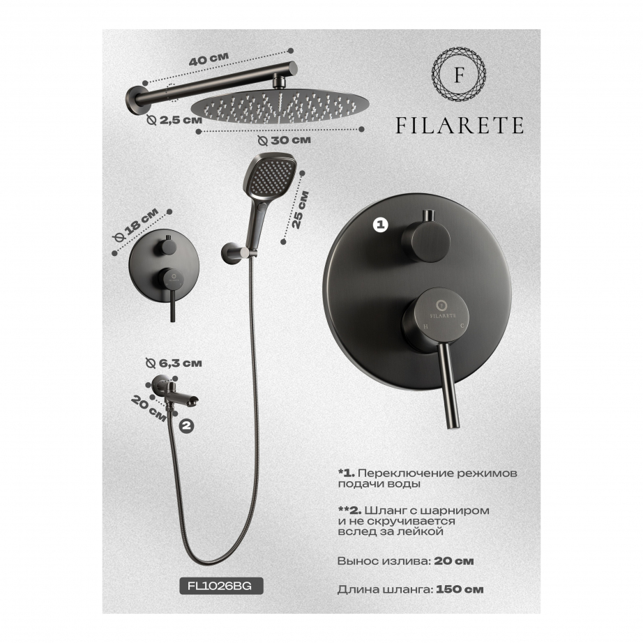 Душевая система скрытого монтажа FILARETE Roun FL1026 (Графит)