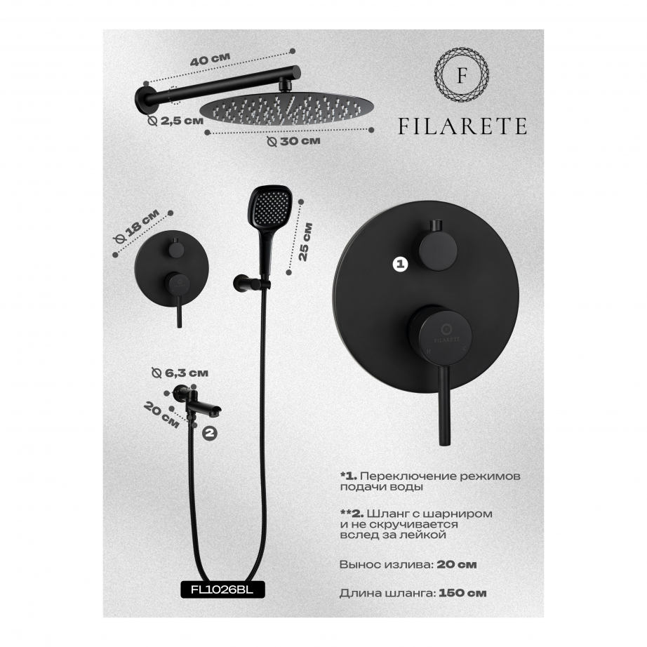 Душевая система скрытого монтажа FILARETE Roun FL1026 (Черный матовый)