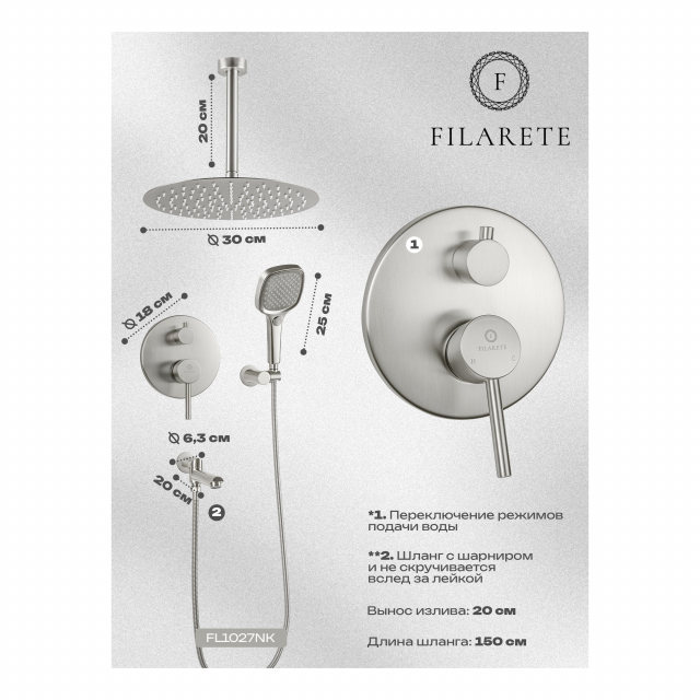 Душевая система скрытого монтажа FILARETE Roun FL1027 (Никель)
